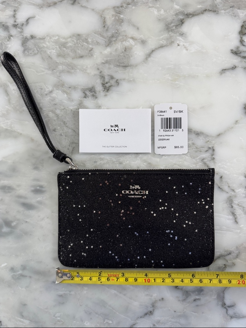 NWT Coach Black Glitter Star Zip Wristlet